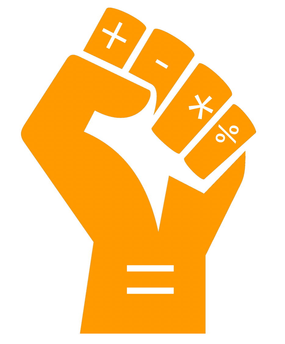 A raised fist with mathematical symbols on the knuckles and a an equals sign on the wrist.